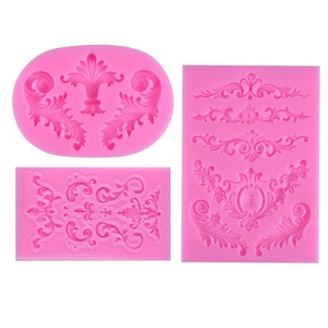 Set of three pink vintage relief silicone molds for fondant cake borders and chocolate