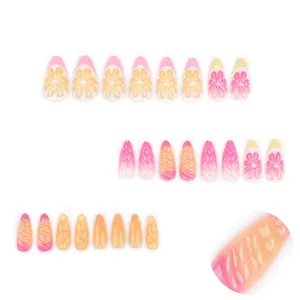 Faux ongles 3D motifs fruits citron et orange de forme amande, lot de 24 pièces