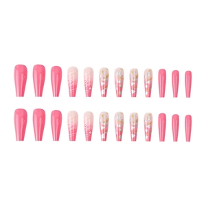 Pink coffin press-on nails set with glitter, foil flakes and rhinestone accents