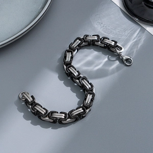 Men's Byzantine chain bracelet in black and silver steel with a classic lobster clasp