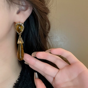 French vintage drop earrings with tiger eye stone and crystals in gold finish