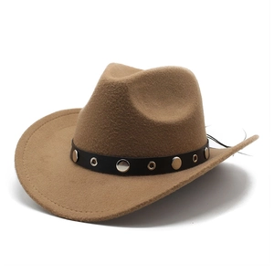 Classic camel wool western cowboy hat with studded black leather band on white background