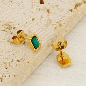 Elegant gold titanium steel stud earrings with rectangular green gemstones on stone