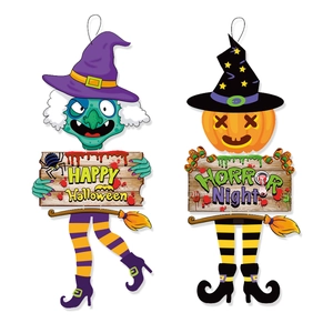 Close-up of Halloween hanging decor featuring a green witch and pumpkin on broomsticks