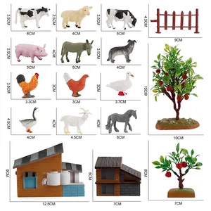 Coffret de figurines d'animaux de ferme avec maison, arbres et dimensions détaillées