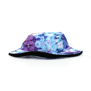 Detail of blue and purple tie-dye bucket hat with black lining and twill fabric texture