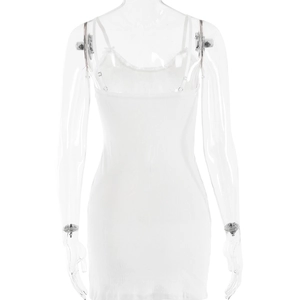 Rear view of a white slim-fit ribbed cotton mini dress with adjustable thin straps