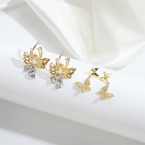 French vintage gold and silver butterfly earrings with sparkling zircon stones