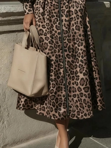 Leopard-Print Midikleid mit V-Ausschnitt und Reißverschluss für Damen im Herbst