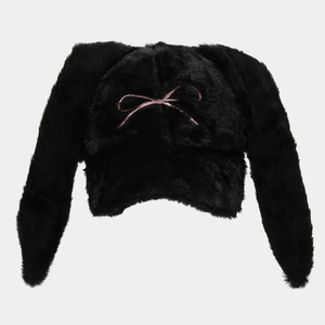 Plush black baseball cap with long rabbit ears and pink bow embroidery decoration.