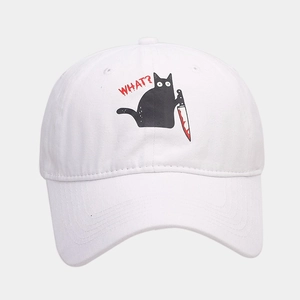 Close-up of the vintage washed cotton baseball cap with funny black cat and knife graphic