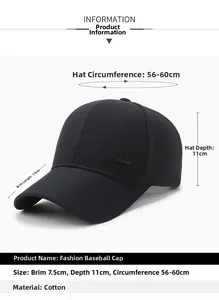 Tableau détaillé des tailles de casquette de baseball noire en coton avec mesures