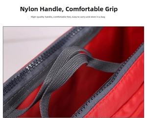Detail of red nylon organizer insert with gray woven handles and durable zipper