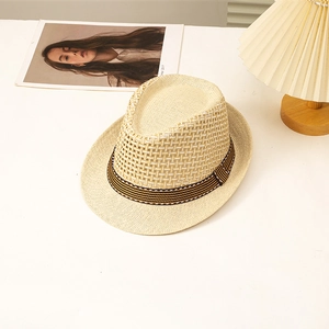 Classic straw fedora hat with hollow weave and striped band for summer sun protection