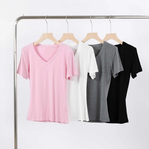 Detail view of V-neck slim-fit short sleeve T-shirts in pink, white, gray, and black colors