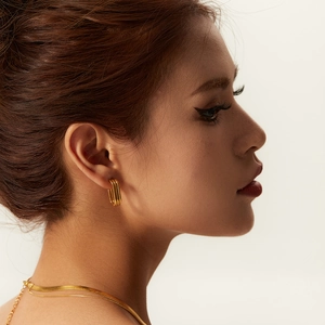Gros plan sur les boucles d'oreilles rectangulaires dorées et le collier chaîne serpent