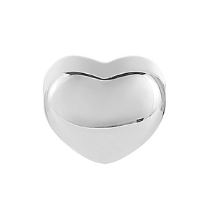 Detailed close-up of a silver heart-shaped metal pendant with a smooth polished finish