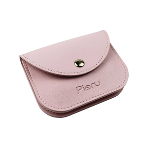 Pink candy-colored leather card holder with litchi texture and gold snap button