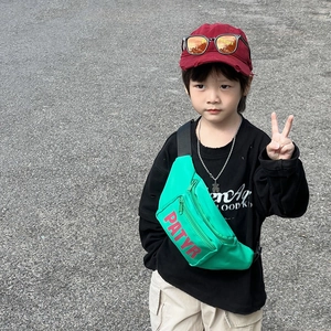 Kids minimalist green canvas waist bag with letter print for sports and travel