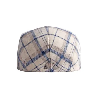 British style wool blend plaid newsboy cap with classic metal buckles in cream white