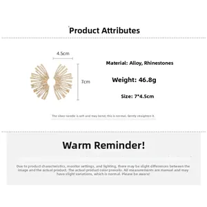 Detailed size chart for golden fan-shaped rhinestone earrings with silver posts and dimensions