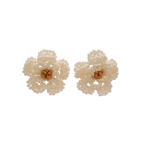 Handmade camellia pearl beaded flower earrings with white petals and gold core centers