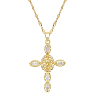 Gold stainless steel cross necklace with crystal pavé and religious portrait pendant