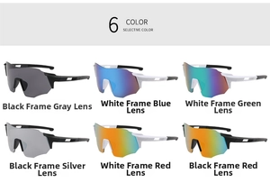 Detailed grid showing six variants of sports cycling sunglasses with different lens coatings