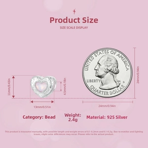 S925 silver pink heart charm bead with vine pattern shown beside a coin for size scale