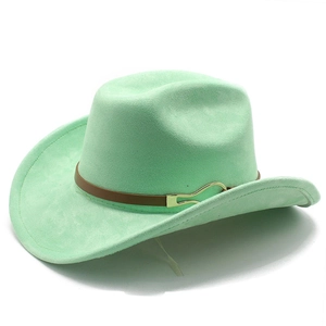 Classic mint green felt cowboy hat with brown leather band and gold metal buckle