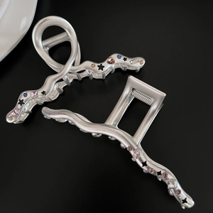 Matte Silver Alloy Hair Claw With Colorful Rhinestones Star Heart Patterns Y2K Style Strong Hold Hair Accessory For Women