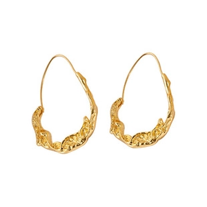 Detailed view of golden irregular molten metal texture earrings on a white background