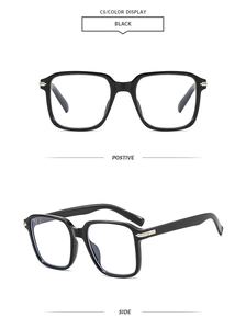 Front and side views of stylish black square frame sunglasses with metal hinge detail