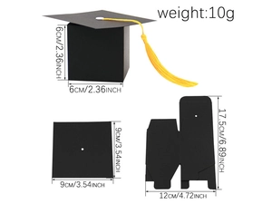 Detailed size chart for black graduation cap gift box with dimensions and yellow tassel