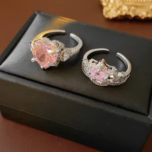 Luxury S925 silver adjustable rings with pink heart and star zircons on black leather