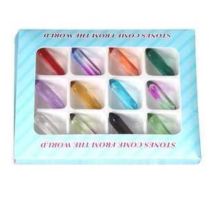 12-piece hexagonal natural crystal stone set in blue striped window box packaging