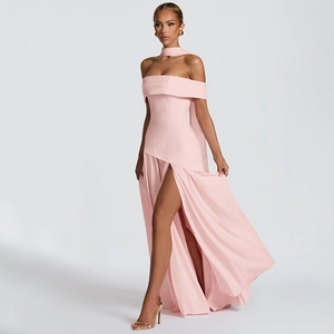 Detailed view of pink off-shoulder maxi dress with high slit and matching neck scarf