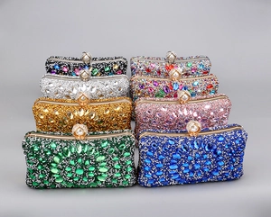 Detailed grid showing luxury crystal evening clutch bags in seven vibrant assorted colors