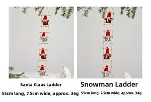 Detail view of hanging Santa and Snowman wooden ladder ornaments for Christmas tree decor