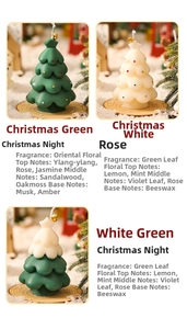 Detail of Christmas tree scented candles with mini gold bells and holiday decorations