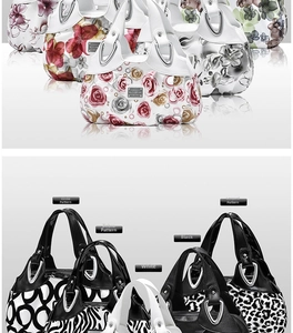 Detail view of various patterned tote bags including zebra, leopard, and floral prints