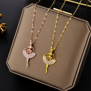 Elegant Stainless Steel Ballet Dancer Pendant Necklace For Women Rose Gold Gold Silver Rhinestone Clavicle Chain Jewelry
