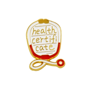 Health certificate enamel pin with stethoscope and golden edge on white background