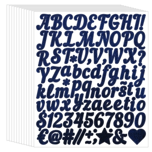 Close-up of glittery dark blue 1 inch alphabet and number stickers for DIY crafts