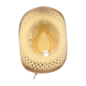 Detail of hollow woven straw hat featuring 100% paper material and adjustable cord