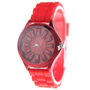 Macro detail of red silicone watch with 3D dial and textured sports strap