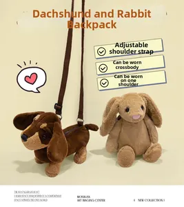 Detail of plush dachshund and bunny bags showing soft texture and adjustable straps