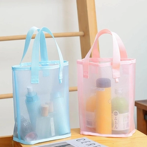 Detail of pink and blue nylon mesh cosmetic bags showing semi-transparent texture