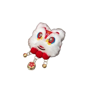 Traditional Chinese lion dance hair clip with white plush fur and red bell tassels