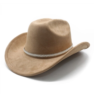 Western Cowboy Hat Suede Polyester Wide Brim Artificial Pearl Rhinestone Sun Protection Outdoor Travel Retro Style For Men Women